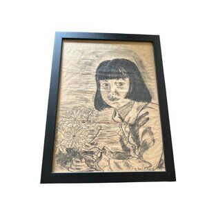 Framed Pencil Portrait Of Girl With Flowers By A. McClain 18"x12" From Frames Un